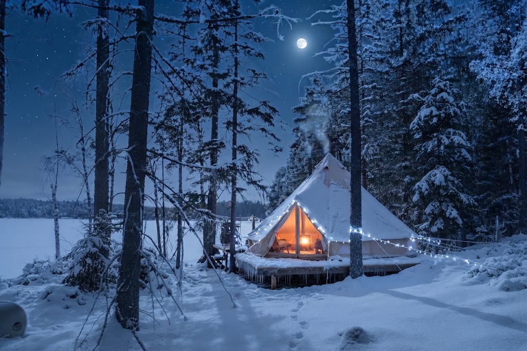 Upplyst glampingtält vid snötäckt sjö i östsvensk skog under månsken