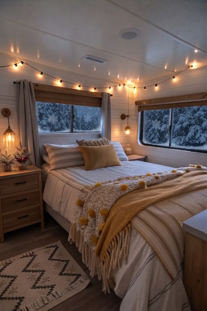 Interiör i glampingtält med bäddad dubbelsäng, ljusslinga och varm belysning