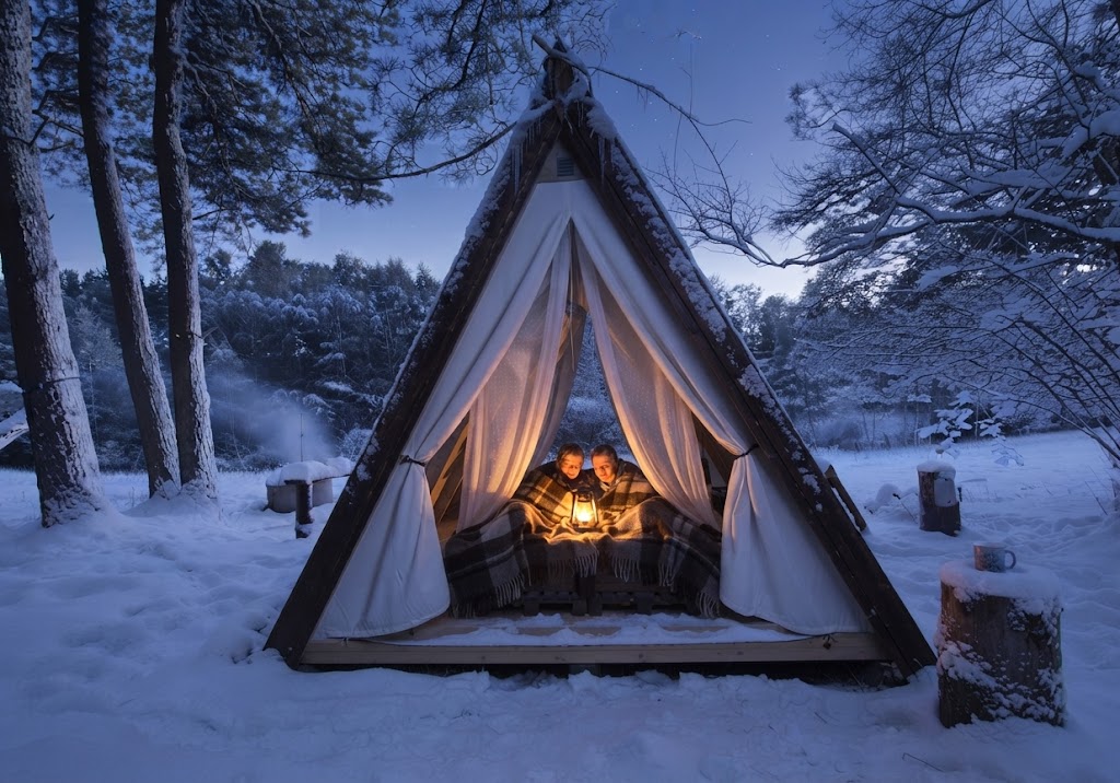 A-frame glampingstuga med eldsken i snöig fjällnära skog under stjärnhimmel