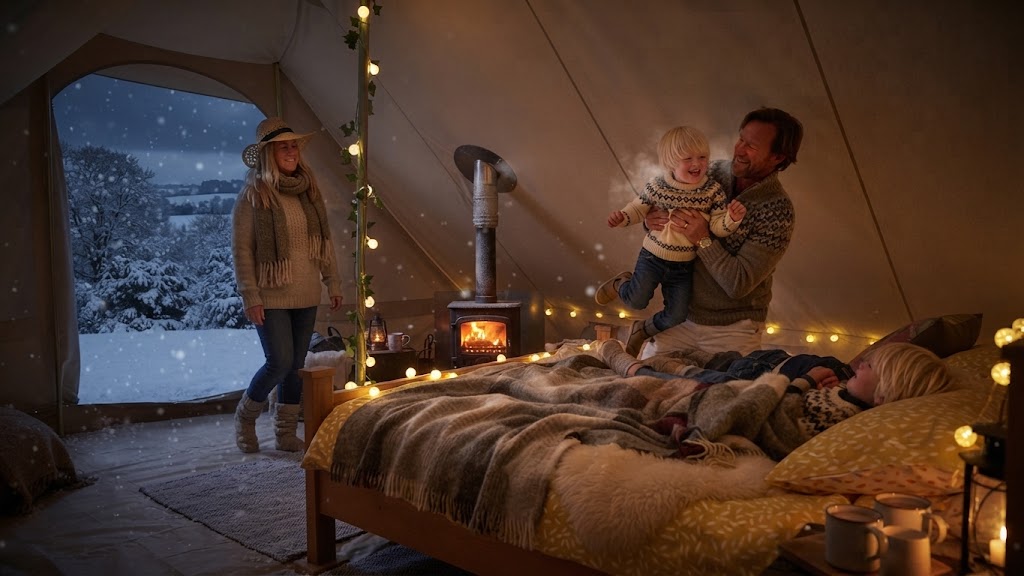 Förälder och barn myser i bäddad säng inne i ett glampingtält med varm belysning
