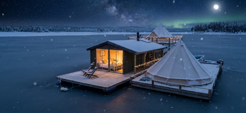 Flytande glampingstuga på stilla vatten i månljus med snö på taket