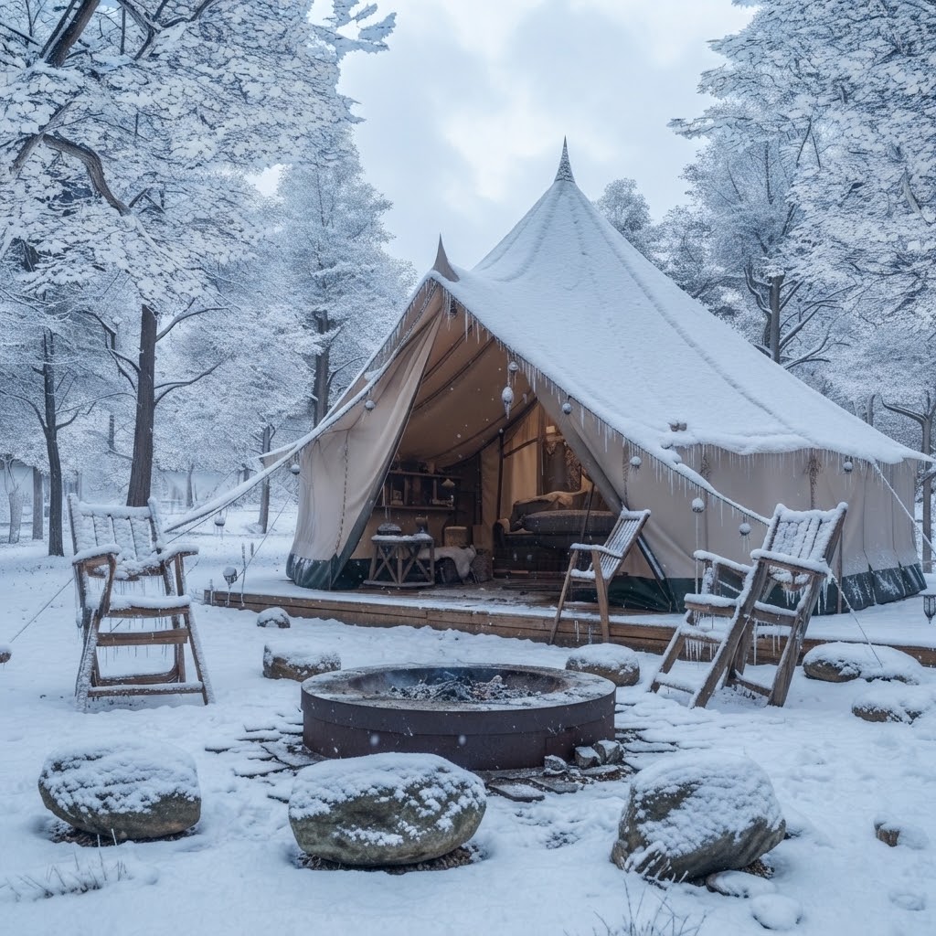Bell tent-glampingtält med eldstad och sittplatser utanför i halländsk natur