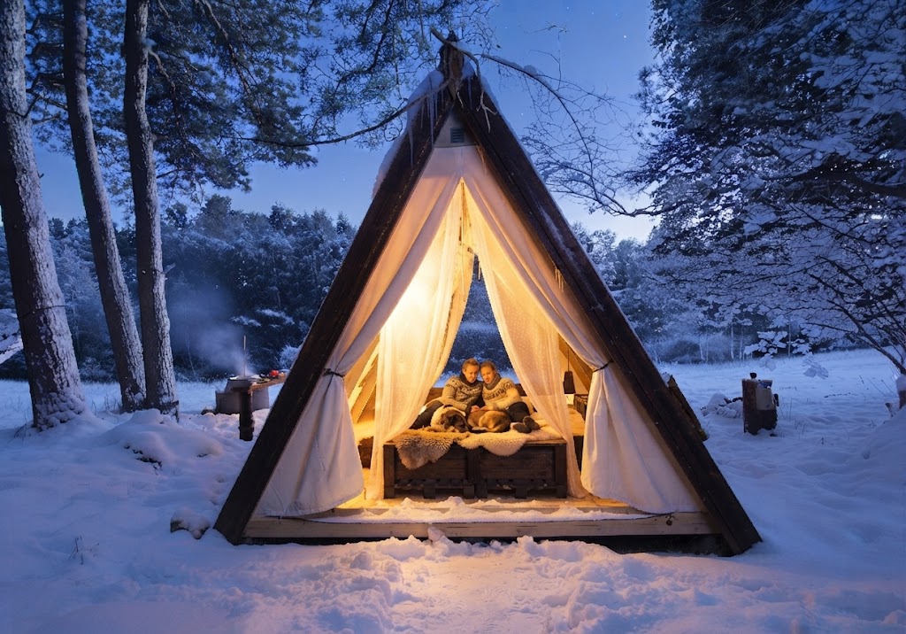 Interiör i A-frame glampingstuga med brinnande kamin och utsikt mot vinterskog