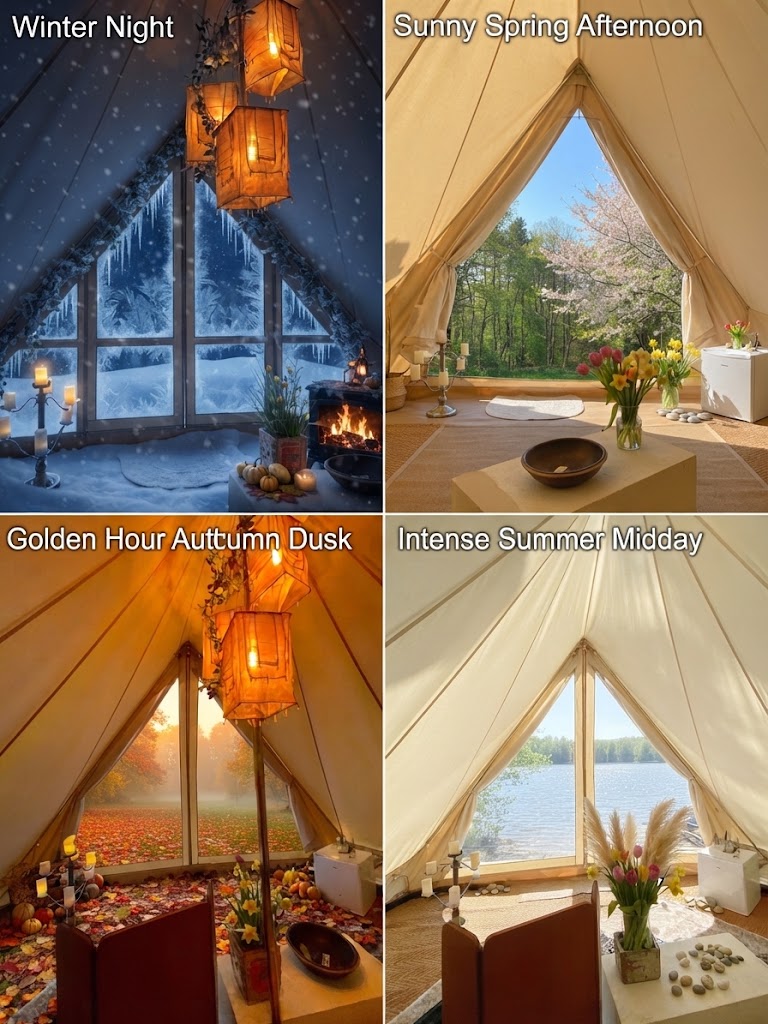 Collage av vinterglamping: A-frame-stugor med panoramafönster i snötäckt skog